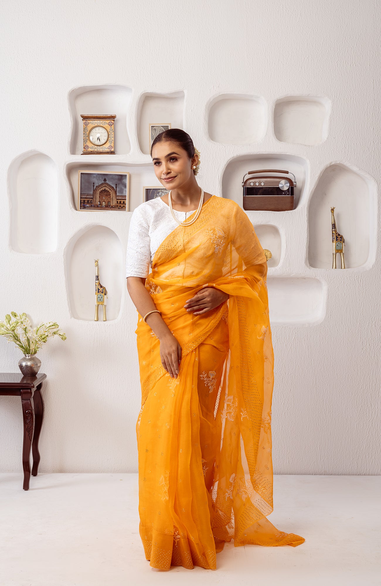 Tangerine Dream- Organza Chikankari Saree