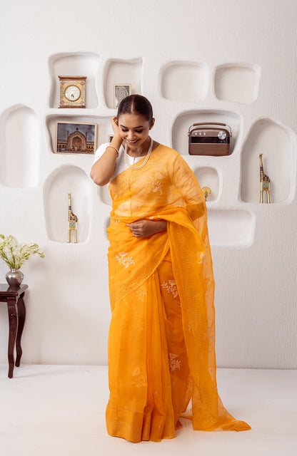 Tangerine Dream- Organza Chikankari Saree