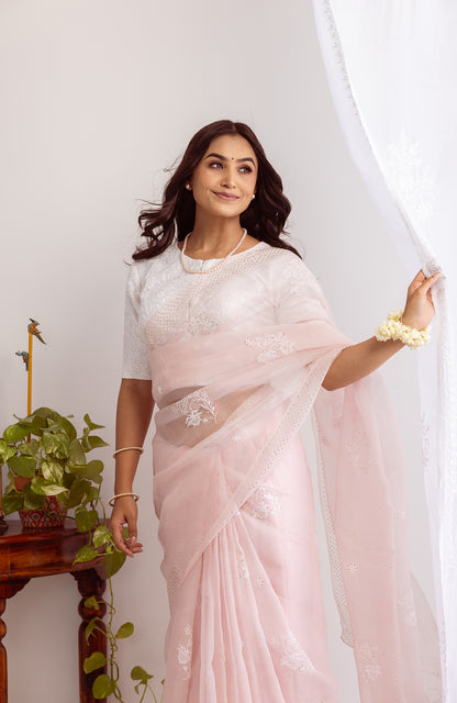 Soft Blush- Organza Chikankari Saree