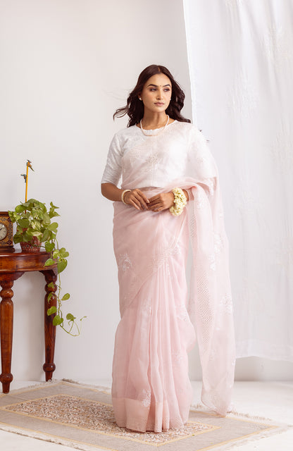 Soft Blush- Organza Chikankari Saree