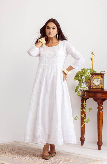 Nawabi Noor- Cotton Chikankari Long Dress Gajra Nawabi Noor- Cotton Chikankari Long Dress Gajra