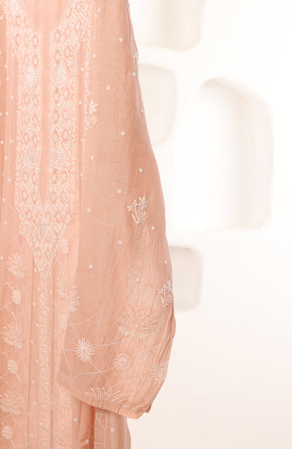 Rose Gold Regalia- Mul Chanderi Chikankari Anarkali