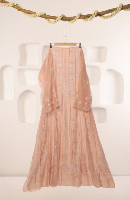 Rose Gold Regalia- Mul Chanderi Chikankari Anarkali