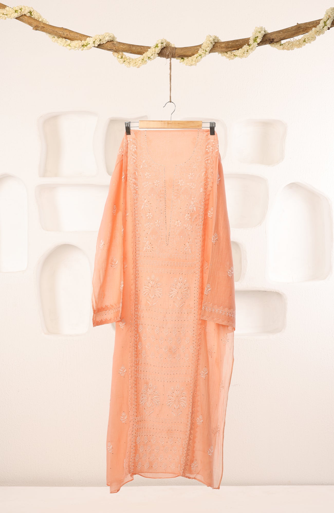 Peaches & Cream- Mul Chanderi Chikankari Suit